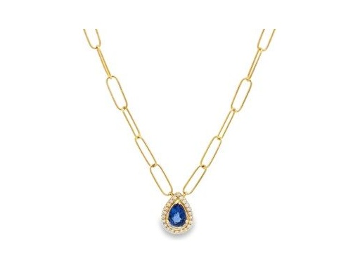 18K Yellow Gold Sapphire Halo Necklace with Natural Diamonds – Paperclip Chain